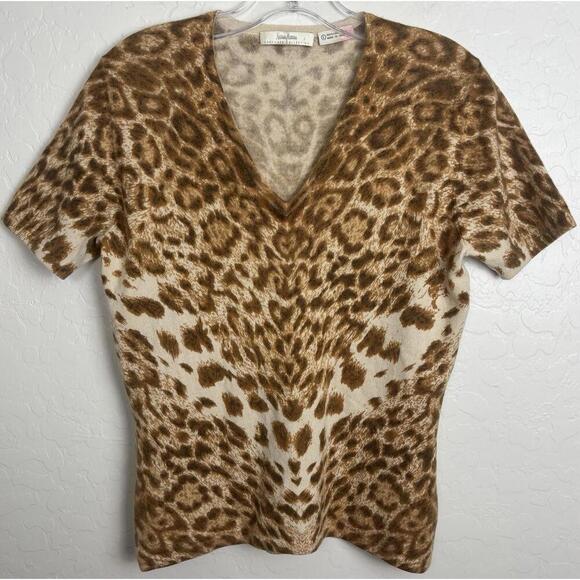 Neiman Marcus Leopard Cashmere Scoop Neck L Brown Ivory 1475 - Picture 1 of 6